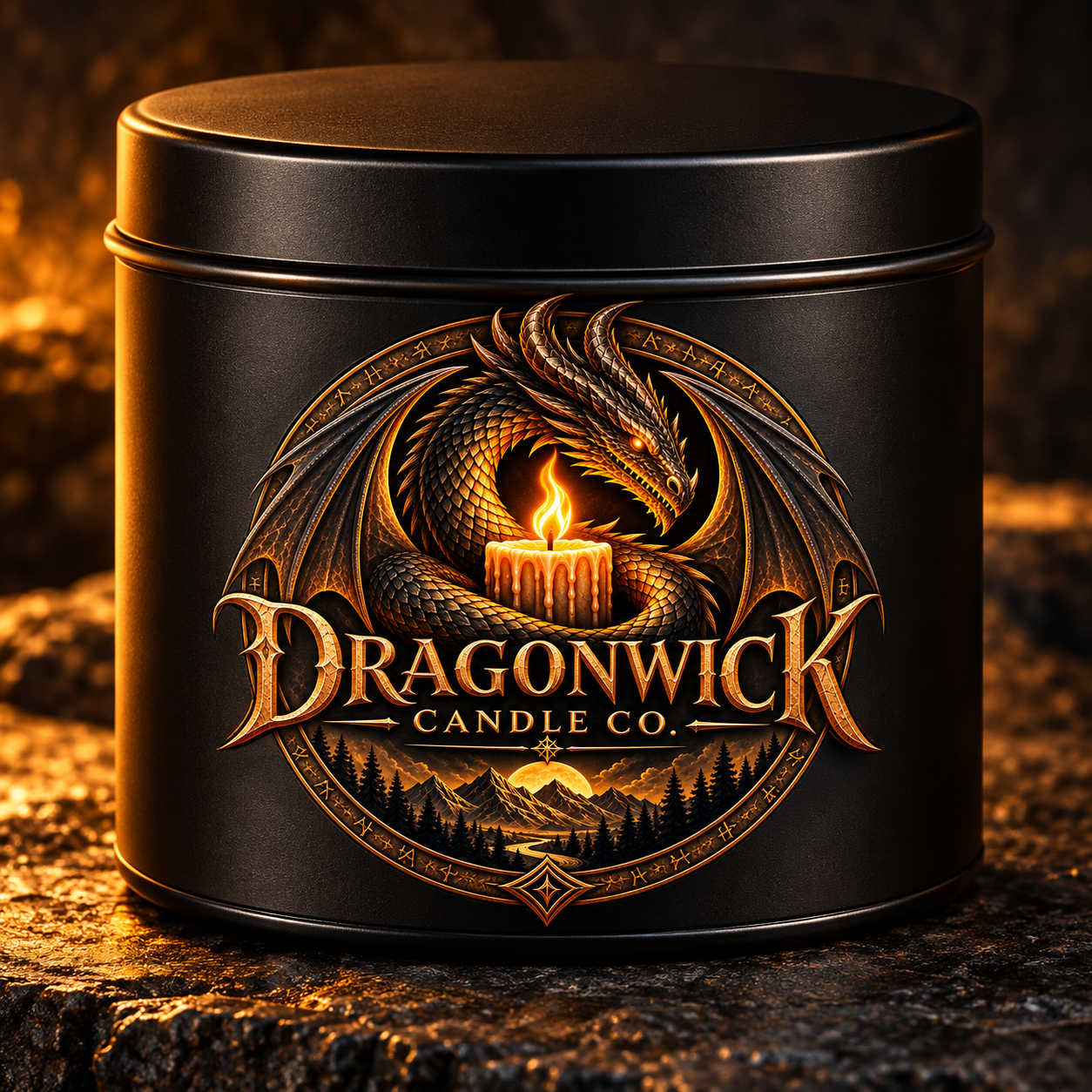 Black 8 oz Dragonwick candle tin with the dragon emblem